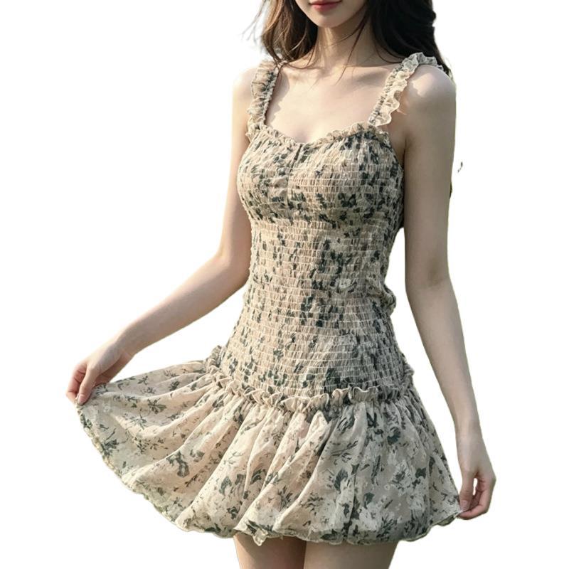 Summer Sexy Square Neck Floral Pleated Suspender Dress Women's Small Slim Waist Fairy Miniskirt