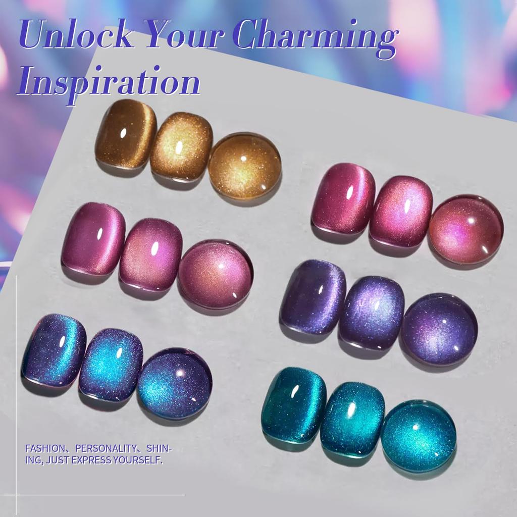 BORN PRETTY Magnetic Nail Polish 6-Color Set: Magnetic Gel with Magnets, Cat Eye Gel, Glittery, Colorful Galaxy, Glass Beads, Cat's Eye Design, Microp