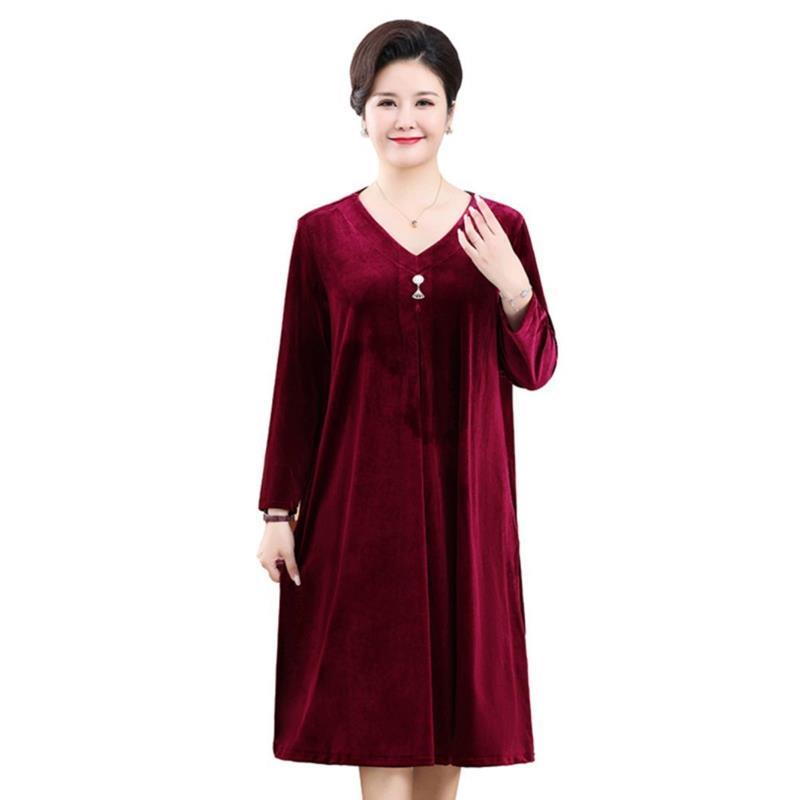 Damen Übergröße Samtkleid Frühling Herbst V-Ausschnitt Locker Langes A-Linien-Kleid
