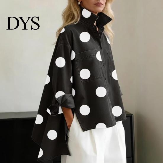 Textured Fabric Shirt Polka Dot Denim for Women Loose Fit Button-Down Top with Casual Outerwear Chest Pockets Oversize Spring Summer Fashionable