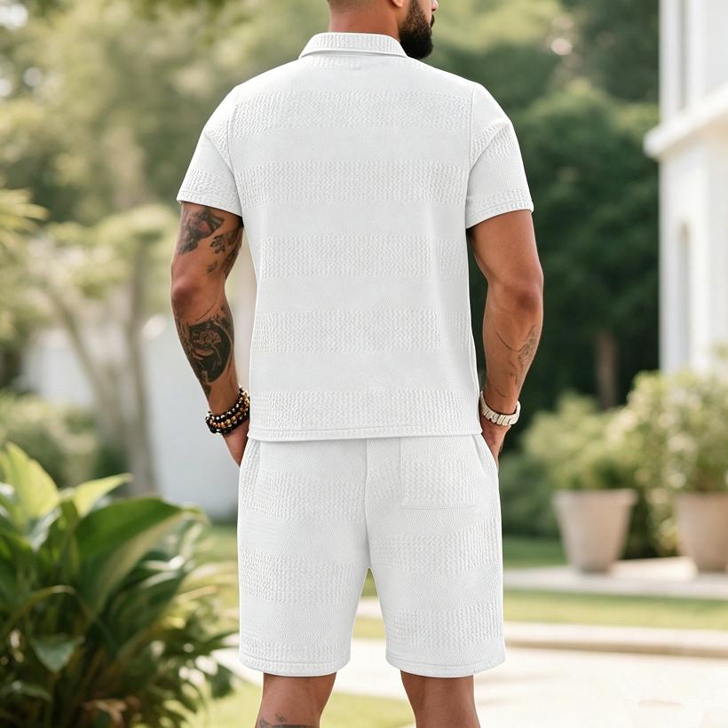 Men's Summer 2 Piece Outfit, Waffle Knit Polo Shirt and Elastic Waist Shorts, Casual Tracksuit for Beach Streetwear