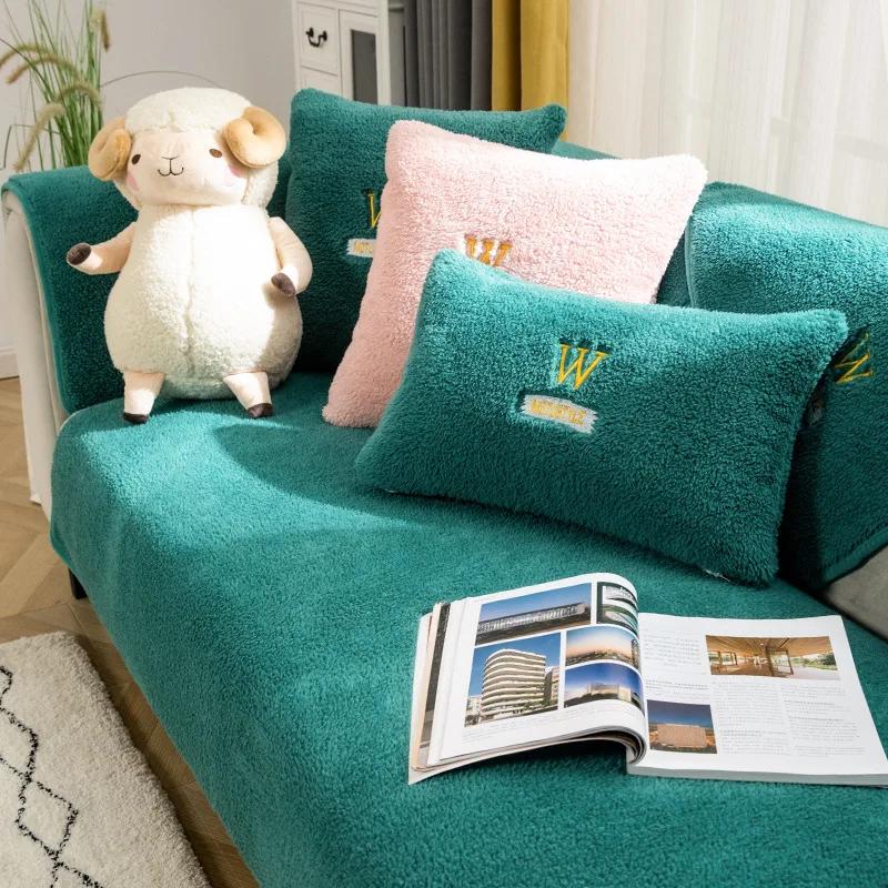 Lamb Plush Sofa Cushion Winter Warm Thickening Non-Slip Living Room Sofa Cover Cloth Universal Leather Sofa Recliner Cover