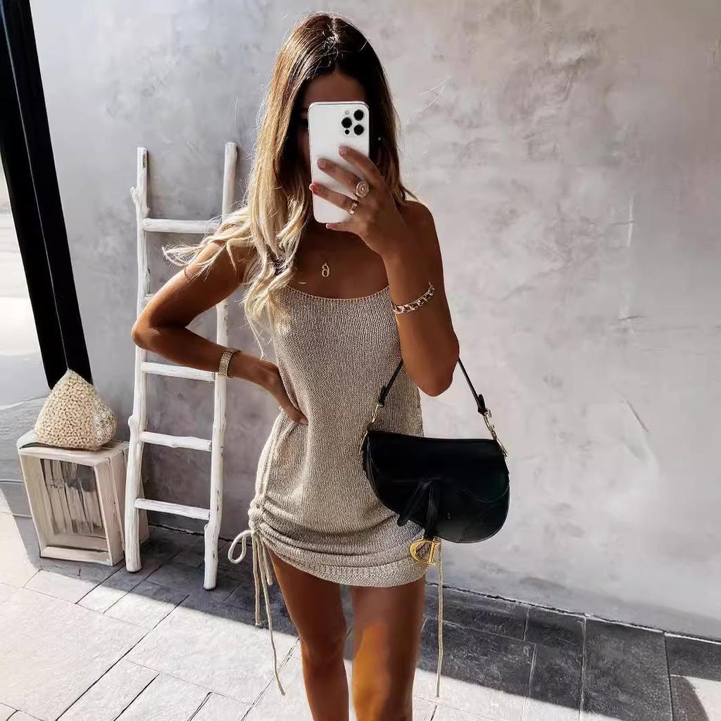 2025 Spring/Summer Sexy Spaghetti Strap Drawstring Mid-Waist Bodycon Backless Dress for Women