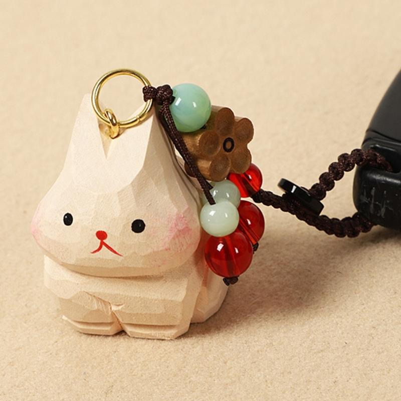 Hand Carved Wooden Rabbit Keychain Lightweight Portable Design Car Keyring Cartoon Animal Bag Hanging Accessory