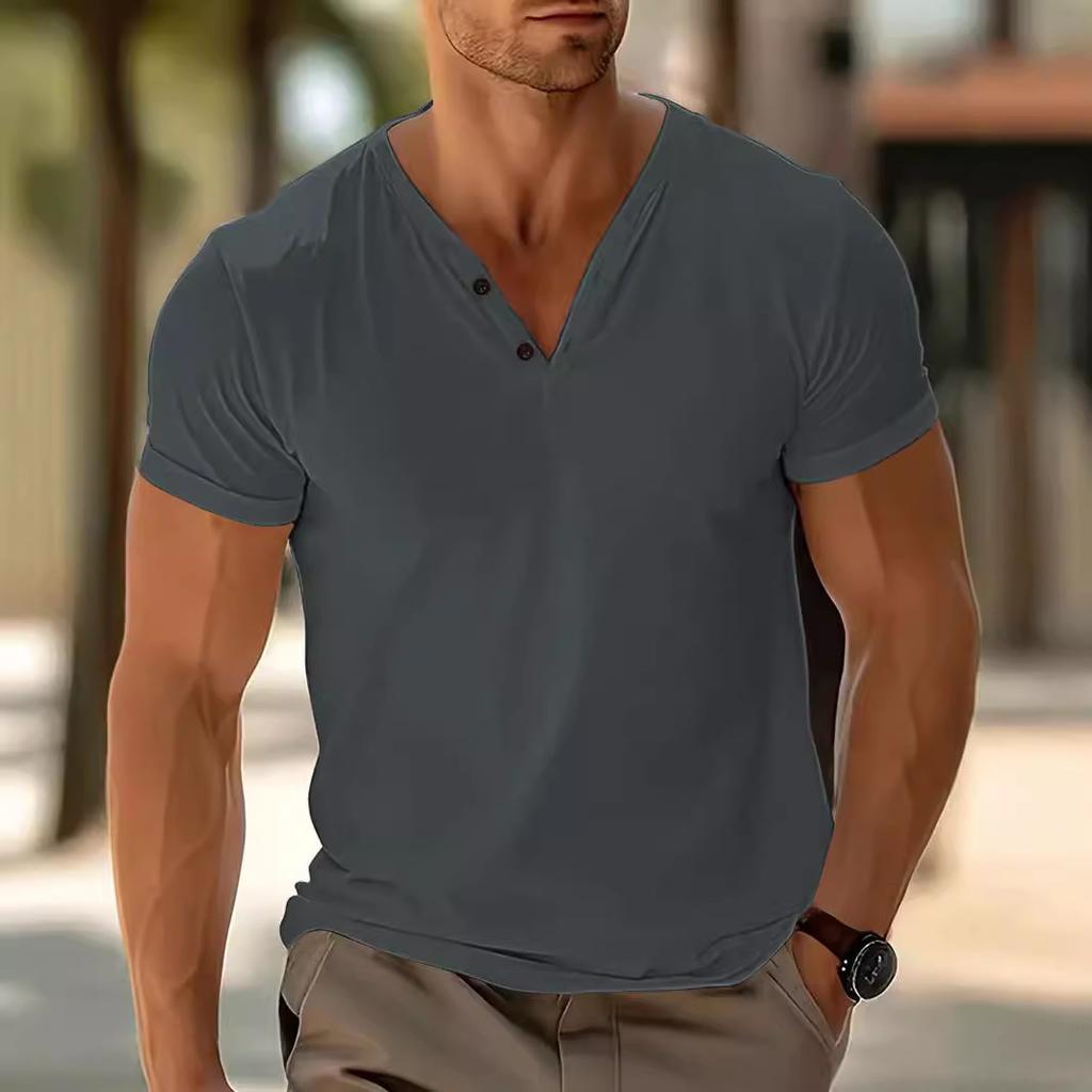 Solid Color V-neck Breathable Sweat Wicking Casual Sports Top Button Short Sleeved Men's T-shirts