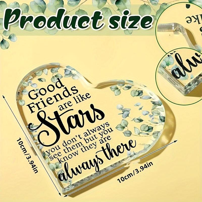 2D Fla"Good Friends Are Like Stars" Heart-Shaped Acrylic Friendship Decoration Plaque, Green Leaf Design, Suitable for Wall Decoration, Porch, Room, V