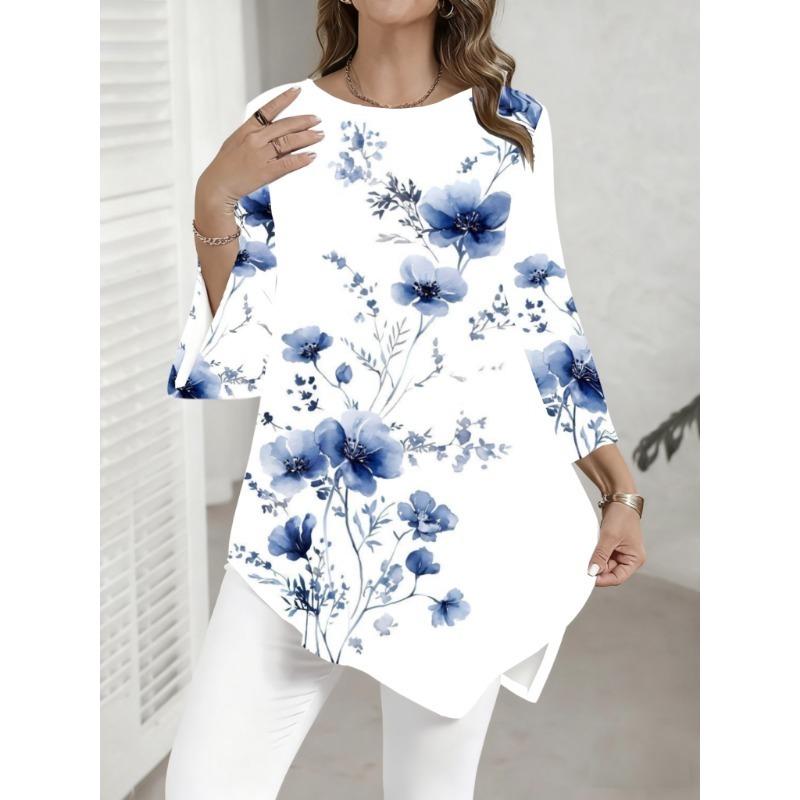 Elegant White Watercolor Blue Floral Print Shirt Women'S 3/4 Flared Sleeve Soft Workwear Top Blouse