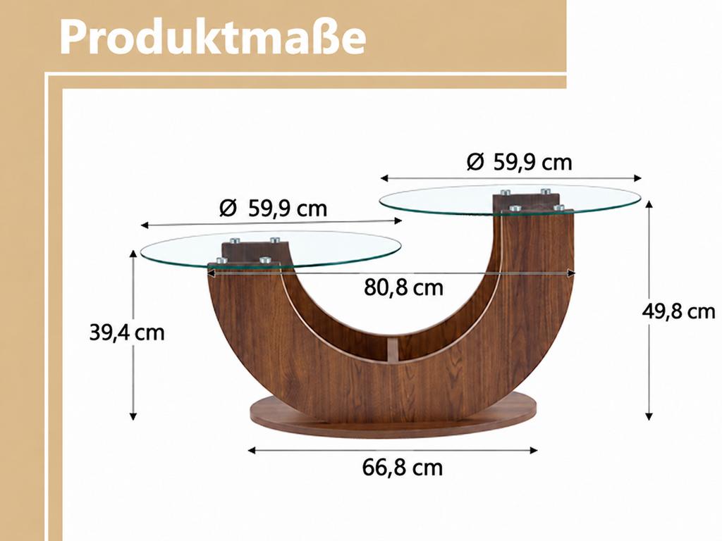 Modern Coffee Table, 2 Tempered Glass Tops, MDF Frame with Storage, Glass Coffee Table for Living Room, Walnut Look