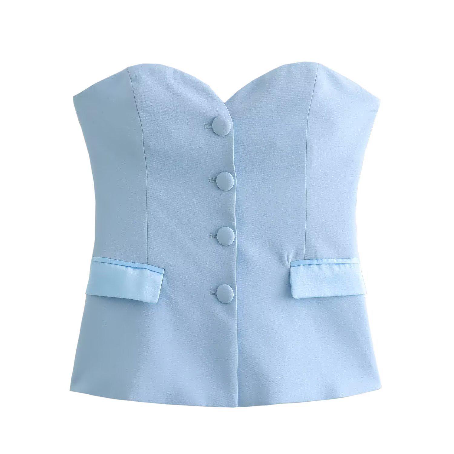 

Silk Satin Patchwork Tight Bodice Top - Summer Style (Model 8881593) S світло-синій колір