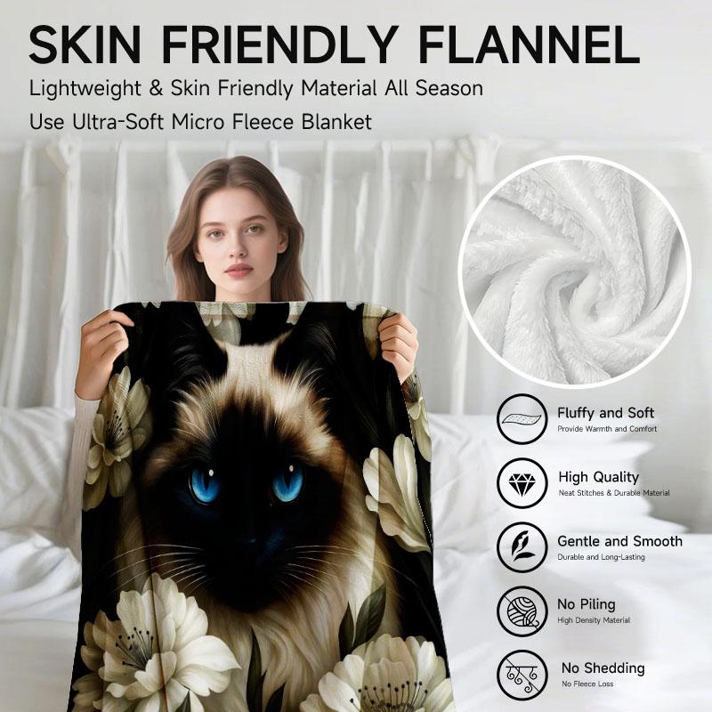 Creative White and Blue Cat Pattern Flannel Blanket, Suitable for Nap Blanket, Sofa, Office, Bed, Christmas and Halloween Gifts