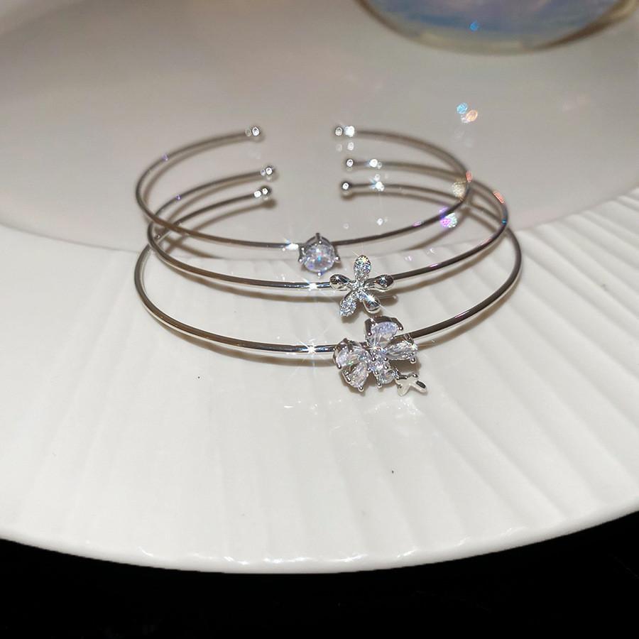 Fashion Jewelry Zircon Flower Butterfly Open Cuff Bracelet For Women Stylish Elegant Hand Accessory