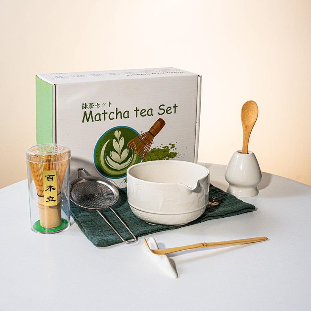 5/8Pcs Ceramic Matcha Bowl Set Reusable with Pouring Spout Green Tea Brewing Cup Japanese Matcha Set