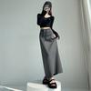 Women Sport Skirt High Waisted Adjustable Drawstring Long Skirt with Hem Slit Pure Color Slimming Design Casual Athletic Skirt
