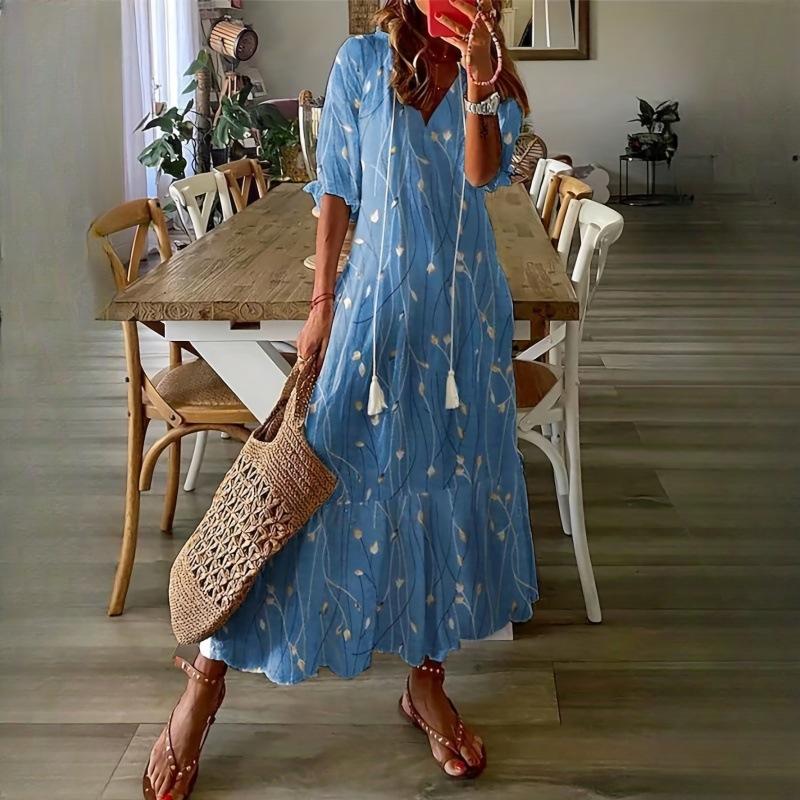 IHUASU Damen Casual Sweetheart Loose V-Ausschnitt Bedruckte Hosenträger Mittellange Ärmel Lange Kleider