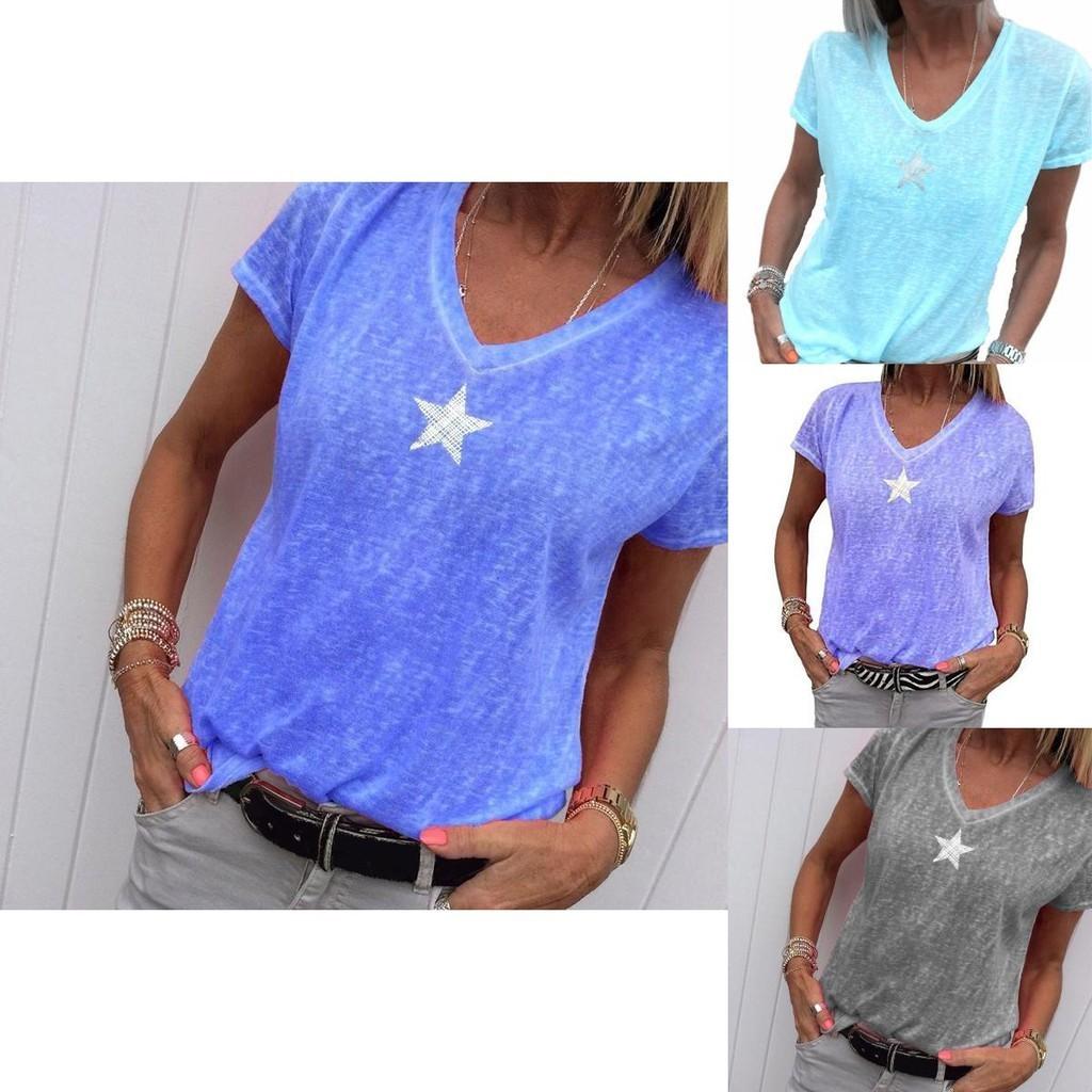 Stylish Women V-neck T-shirt Casual Loose Star Summer Shirts Solid Short Sleeve Perfect For Outdoor Activities