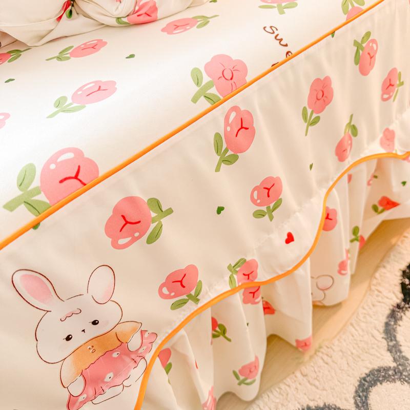 Printed Bed Skirt with Pillowcase Queen Size Bed Cover Set Ruffles Mattress Protector Home Bed Linen Soft Bedspread Jupe De Lit