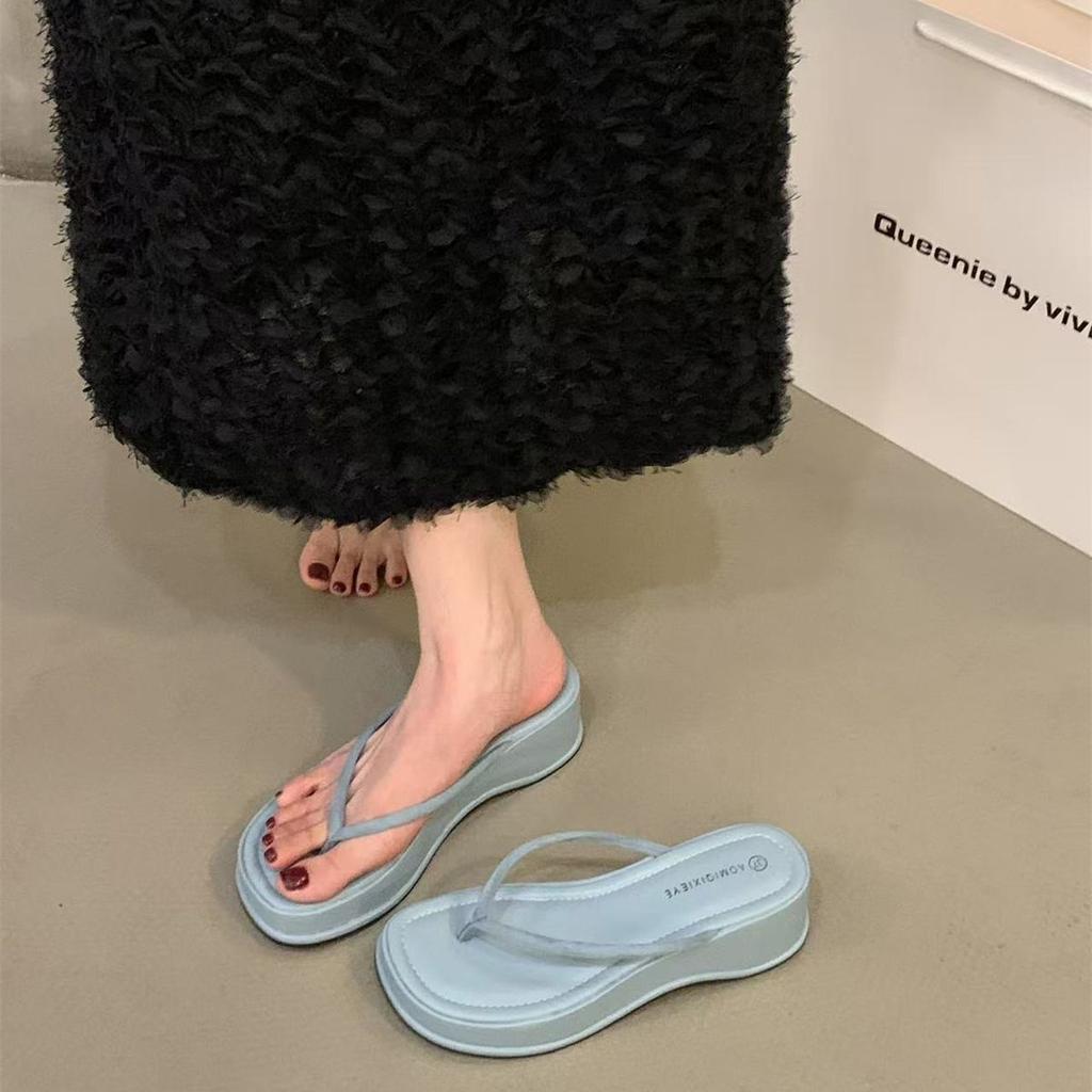Wedge Heel Heightened Pinch Flip-flops Fairy Shoes 2025 New Summer Outer Wear Holiday Thick-soled Sandals