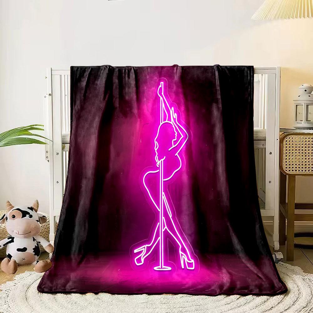 

A neon silhouette of a woman dancing on a pole with a pink glow. for all seasons blanket lunch break throw gift 80cm x 120cm
