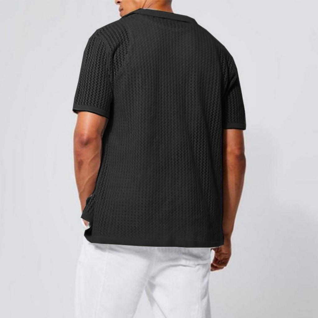 Men's Casual Stylish Knitted Button-down Shirt - Men's -colored Collarless Open-weave Short-sleeved Top