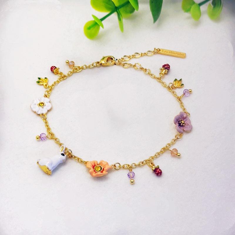 Dopamine 18K Gold Plated Enamel Painted Magic Adventure Series Little White Rabbit Flower Necklace Bracelet Collarbone Chain