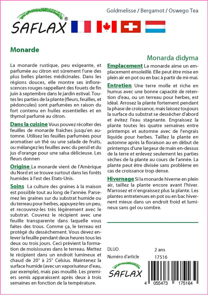 SAFLAX Garden In the Bag - Bergamot / Oswego Tea - 20 Seeds - With Substrate In a Fitting Stand Up Bag - Monarda Didyma