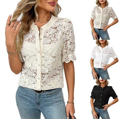 Womens Lace Crochet Short Sleeve Blouse With Round Neck Button Down Casual Hollow Out Top
