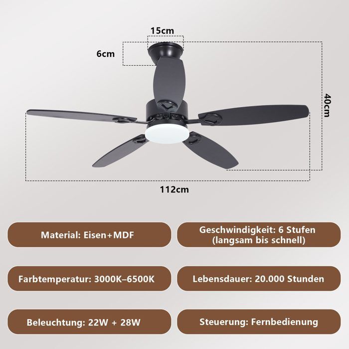 Ventilateur de plafond - NETTLIFE - 112 cm - 5 pales - Luminaire LED dimmable - Télécommande