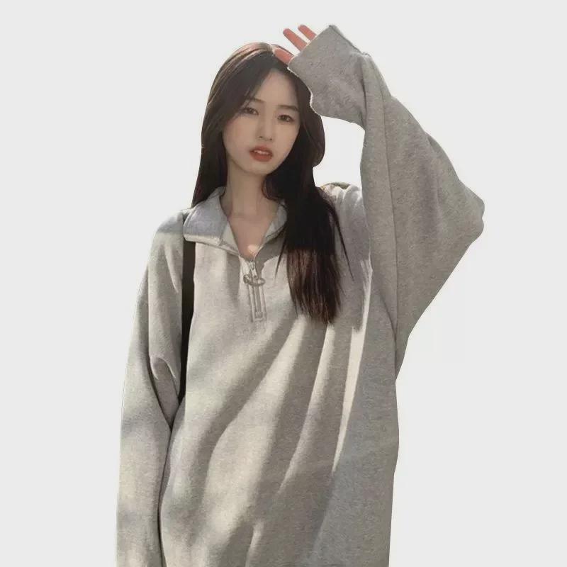 Spring 2024: Women's Loose Polo Collar Sweatshirt, Mid-Length BF Style Pullover for Students