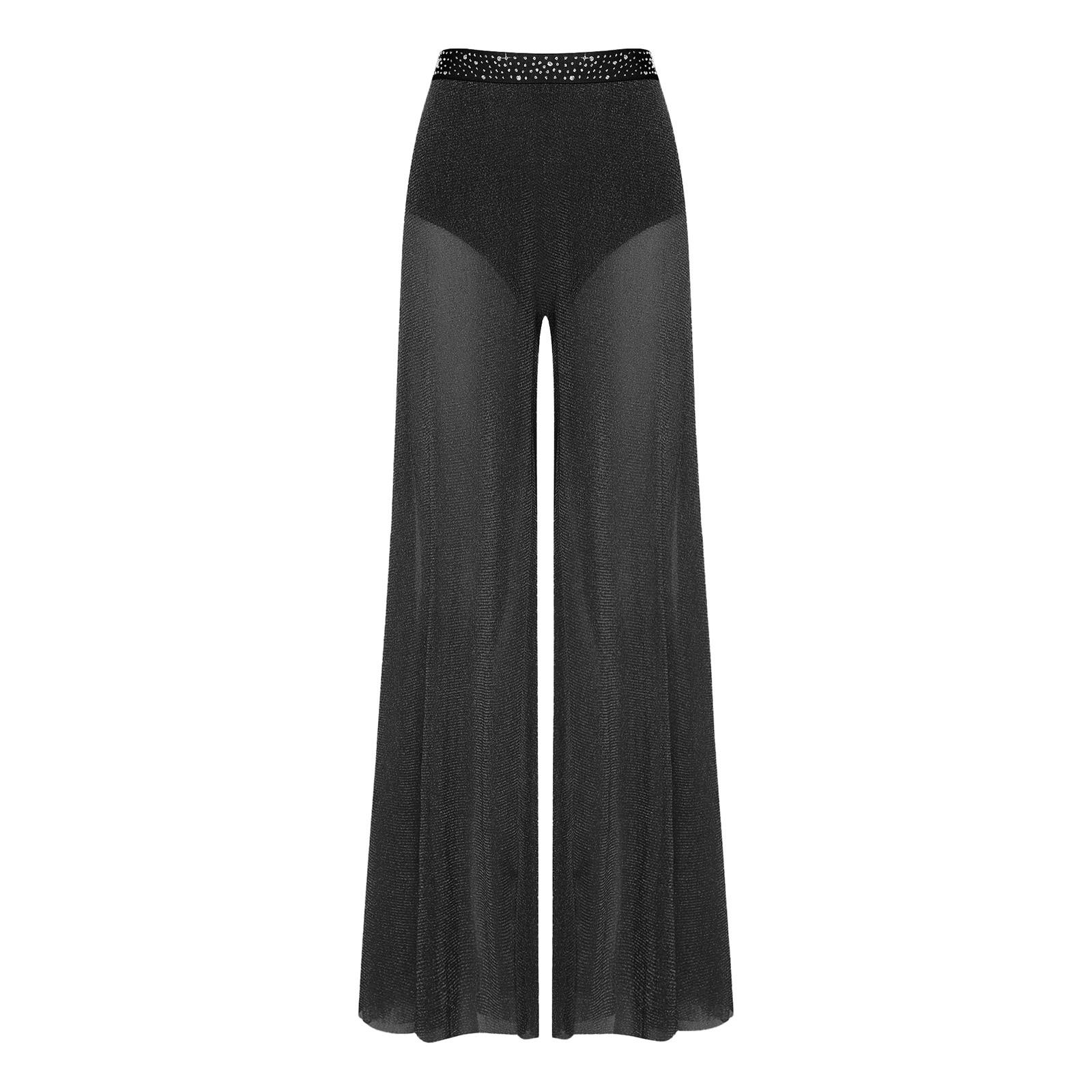 S-XXL Damen Schimmernde Netz-Hose mit weitem Bein, Strass-Bund mit integriertem Unterteil für Lyrischen Tanz Bühnenauftritt XL schwarz