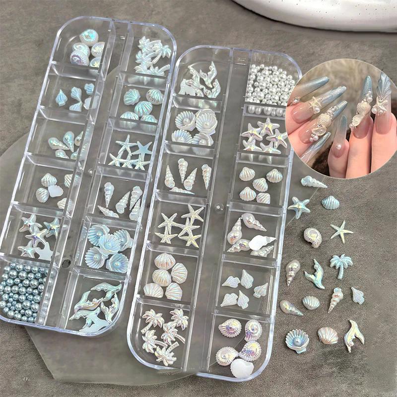 12 Grids/Box Blue White Nail Charm Shell Starfish Mermaid Tail 3d Nail Art Accessories For A Dreamy And Oceanic Manicure Look