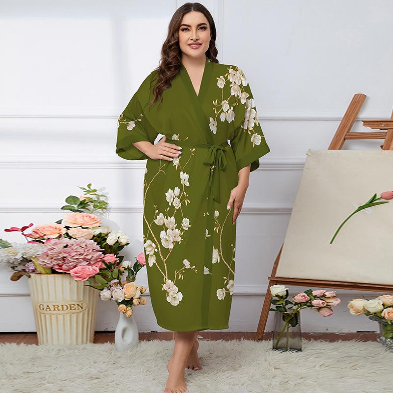 Übergröße Satin Sommer Pyjama & Bademantel Set für Damen - Leichter Luxus Eisseide