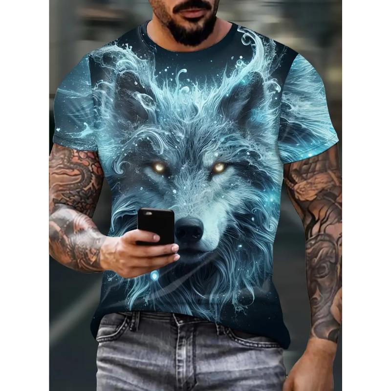 Wolf Pattern Men's T-shirt Summer Casual Round Neck Short Sleeve Animal Print T-shirt Outdoor Fashion Male Clothing