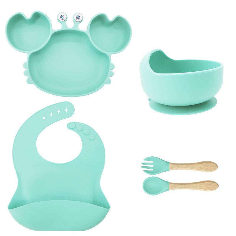 Crab-Themed Silicone Tableware Set: 9-Piece Baby Feeding Kit with Meal Plate, Bowl, Spoon, and Fork