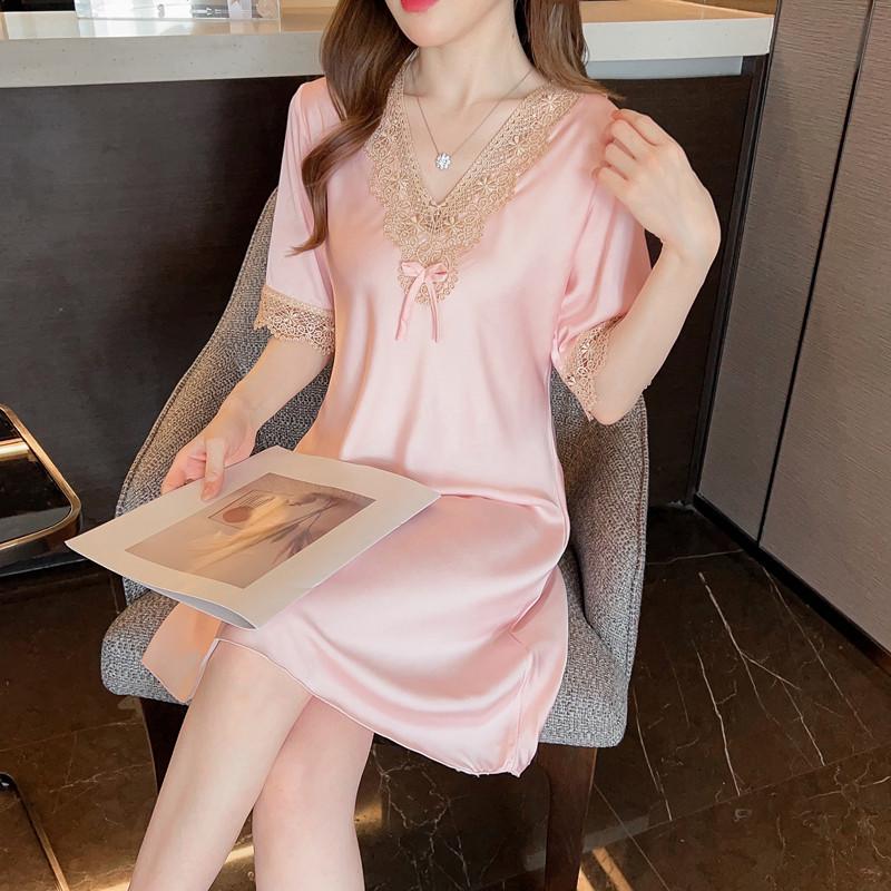 

Піжама з коротким рукавом з шовкового мережива з вишивкою 2025: Сексуальна, Мила Весняно-Літня Нічна Сорочка L