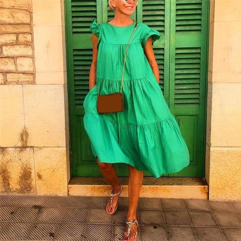 Women Dress Short Sleeve Pleated Long Dresses Fashion Bohemian Dress Solid Loose Summer Dresses