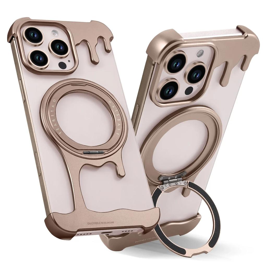 Oatsbasf for iPhone16 Pro/16Pro Max Phone Case Magsafe Metal Phone Cover w/ 360°Rotation Finger Ring Holder Frameless Phone Case