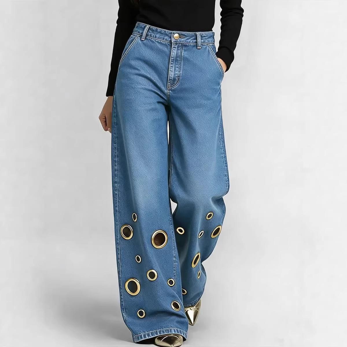 

Hollow Out Metal Jeans Female Summer Fashion High Waist Loose Denim Trousers Spring Autumn Streetwear Casual Woman Pants XXL світло-синій колір