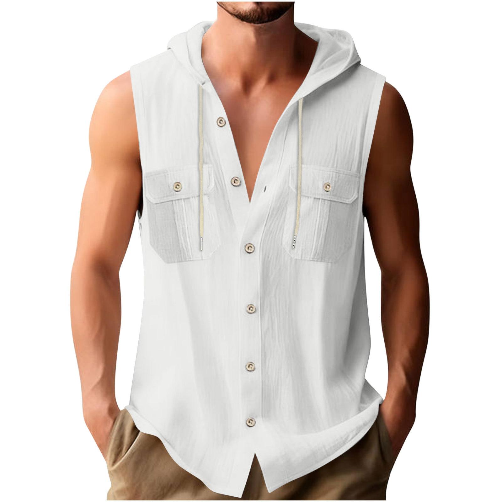 

Men s Sports Casual Sleeveless Cotton Linen Hooded Loose Beach T-Shirt XL