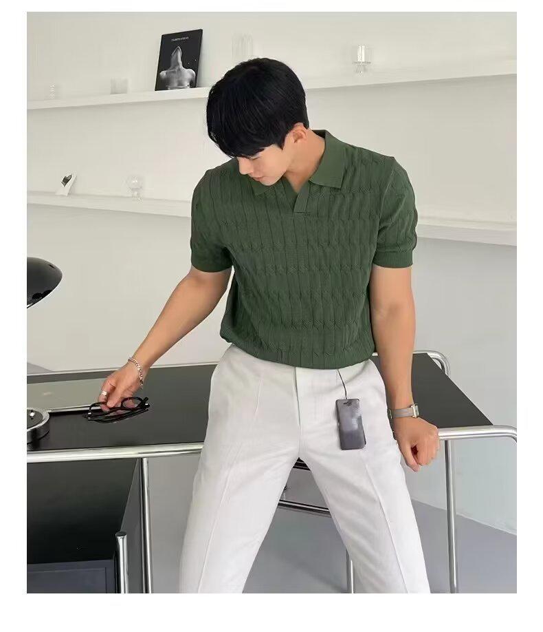 Men's Summer Slim Fit Polo Shirt - Korean Style, Turn-Down Collar, Solid Color, Casual Thin Knit