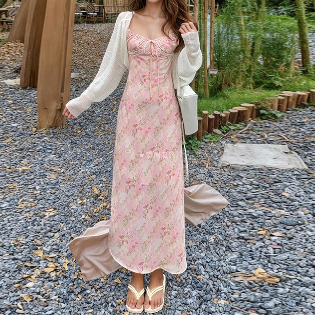 Women's Fresh and Sweet Waist Lace Patchwork Print Halter Dress