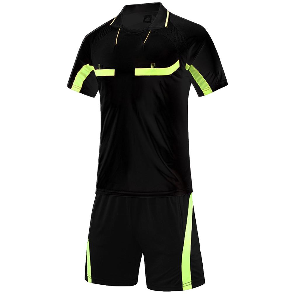 Herren Schiedsrichter Trainingsanzug Kontrastfarbe Umlegekragen Kurzarm Tasche T-Shirt Elastischer Bund Shorts Fußball Uniform