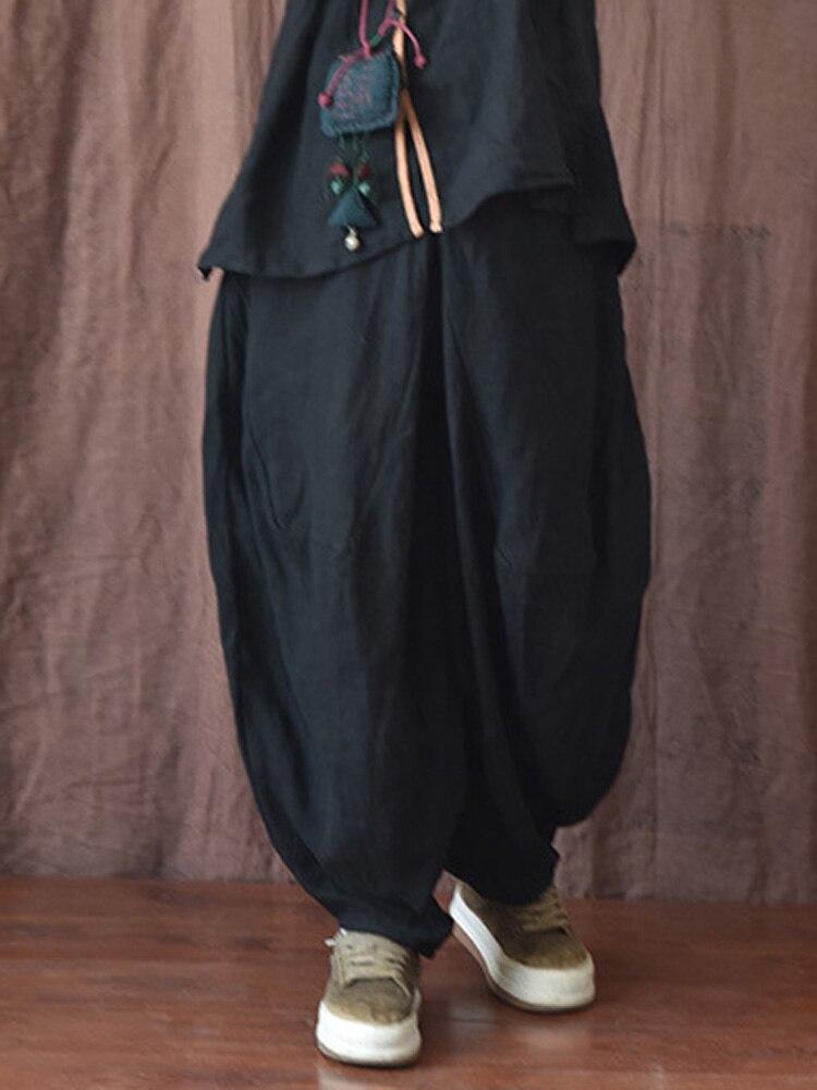 Johnature Women Casual Linen Wide Leg Pants Elastic Waist Solid Color Elastic Waist Trouser Autumn Loose Vintage Pants