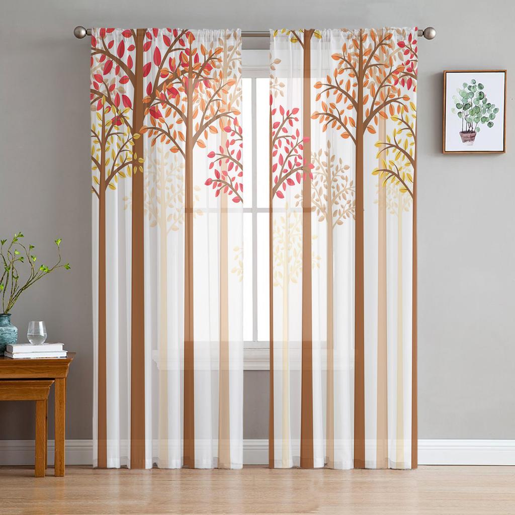 Gray White Birch Tree Branches Sheer Curtains for Living Room Decoration Tulle Voile Organza Window Curtains for Kitchen Bedroom
