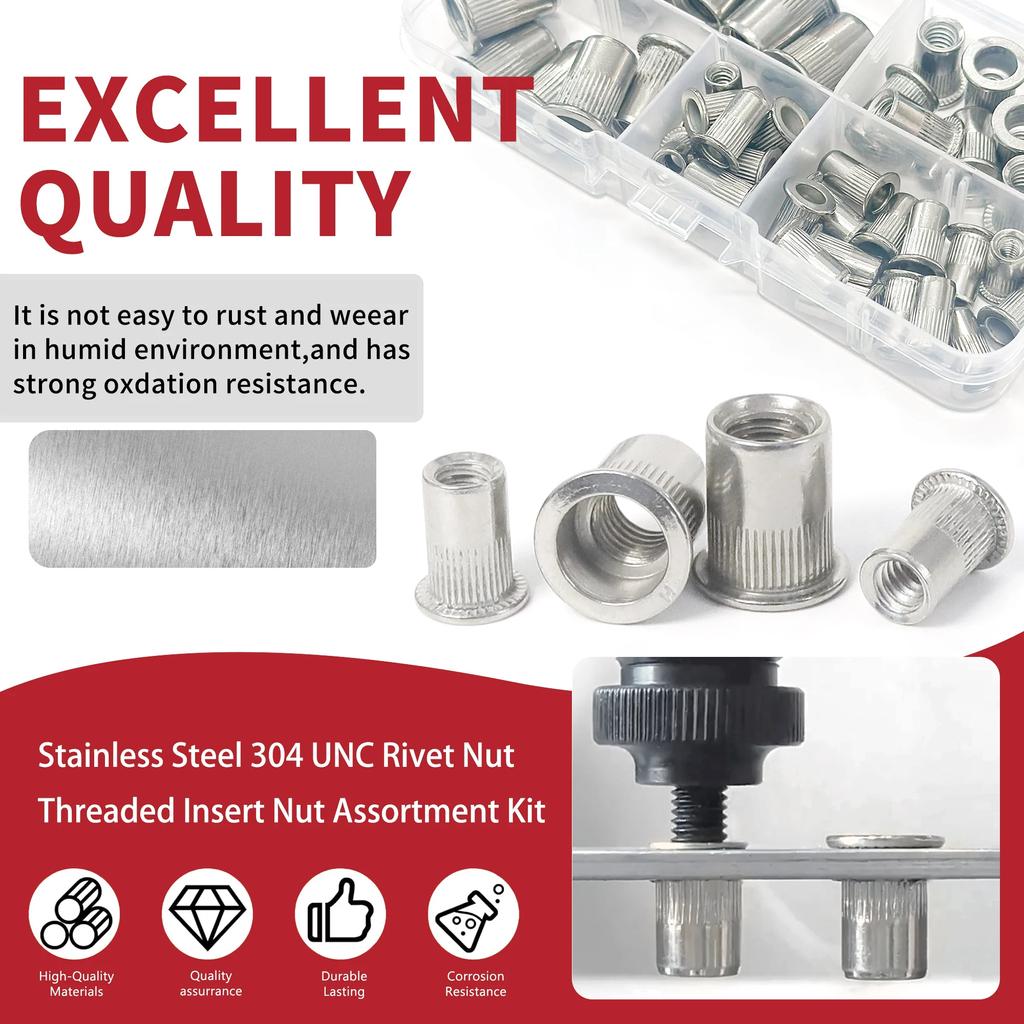 46pcs SAE  Nuts UNC Nutserts Rivnut Assortment Kit, 304 Stainless Steel Flat  Insert Nut Assort #8-32#10-24 1/4"-20 3/8