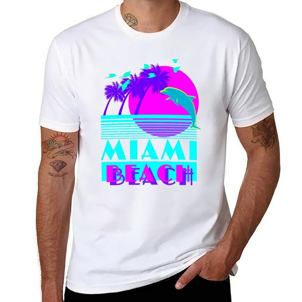 Miami Beach Delphin Retro T-Shirt Basic Normale Passform Freizeit-T-Shirt