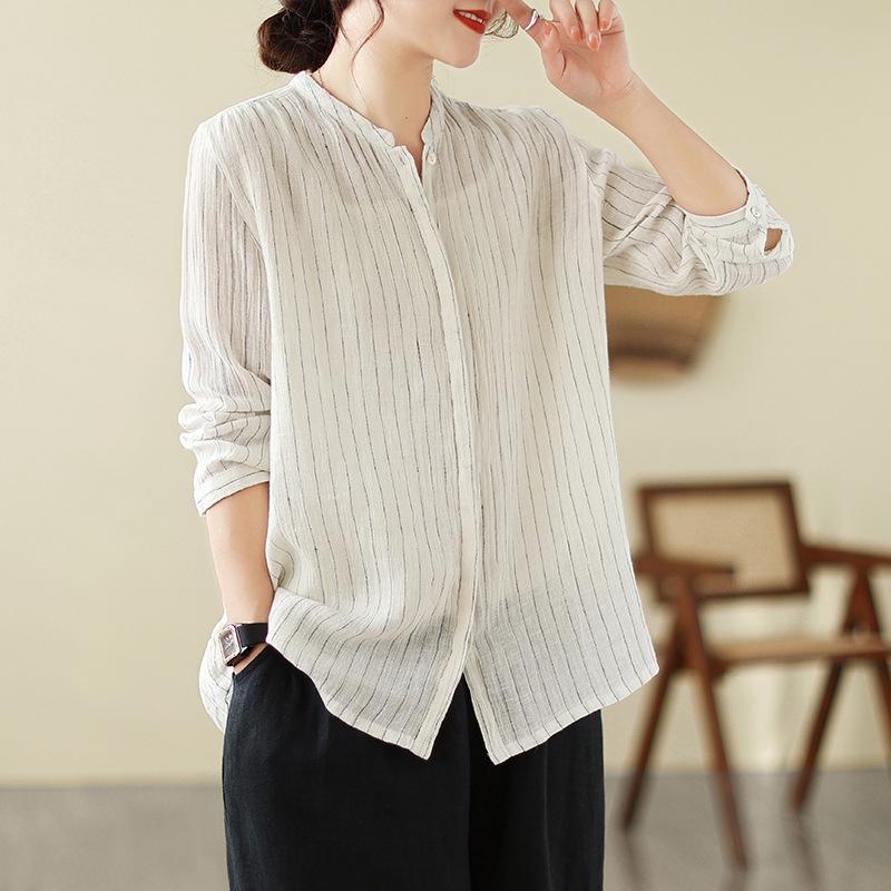 

3090 Women s Versatile Cotton Linen Striped Shirt - Artistic, Casual, Loose Fit, Three-Quarter Sleeve, Summer Top XL