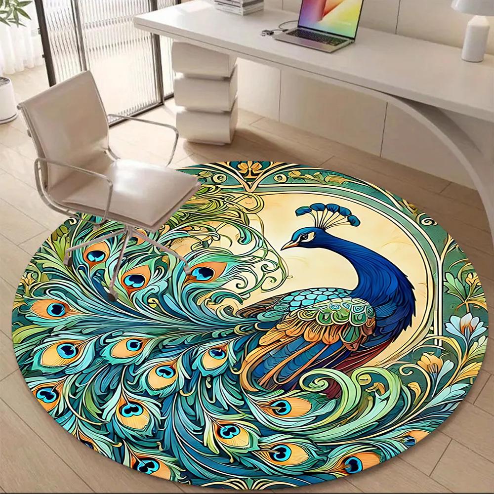 1pc Peacock Feather Office Round Area Rug, Under Office Chairs Bedroom Living Room Home Decor, Room Deco