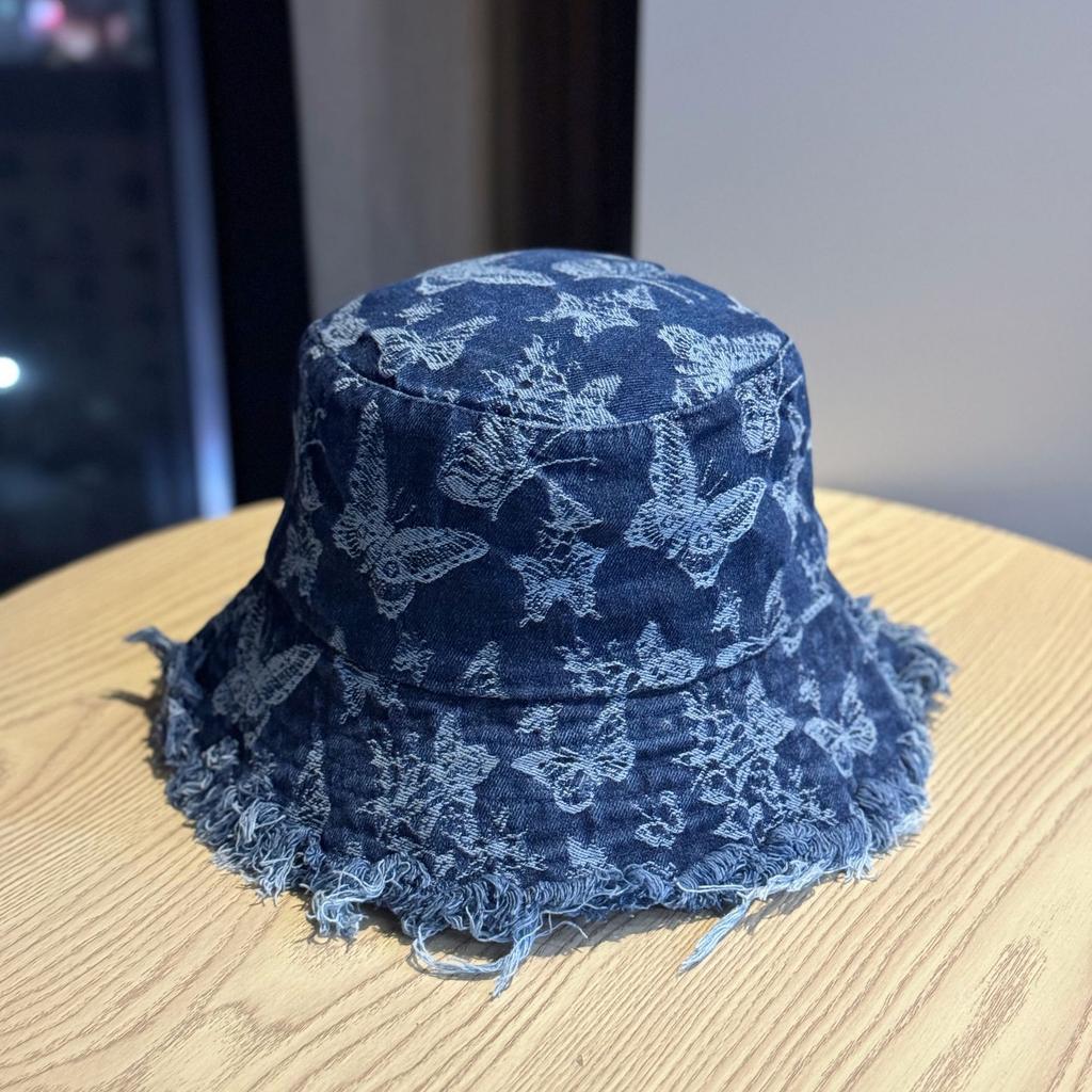 Japanese-style women's fashion woven bow denim bucket hat, washed, sun-blocking, sun-protective, suitable for travel and street fashion, with frayed