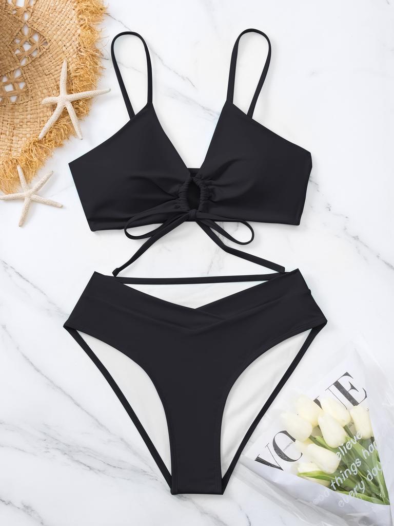 Solid Tie Side Sexy Two Piece Bikini Swimsuit Comfortable Elegant For Summer Vacation