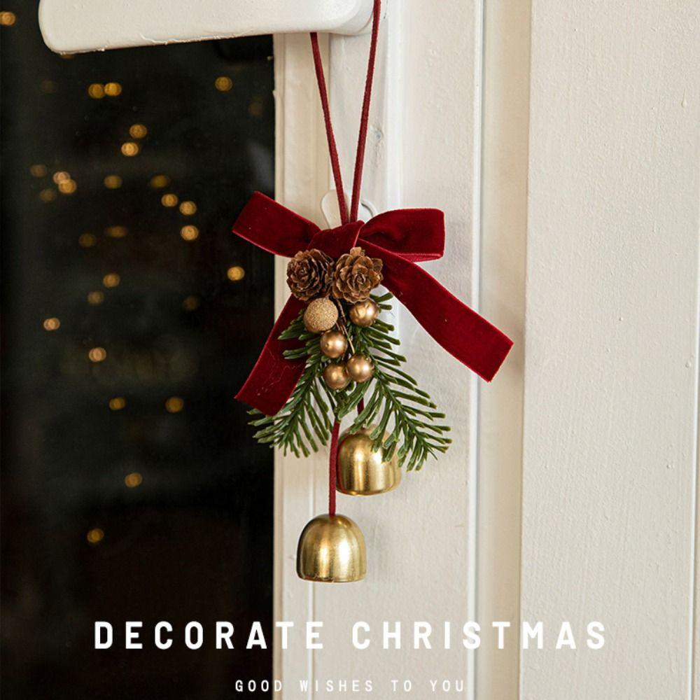 Wreath Christmas Chime Bell Red Pine Cone Bell Pendant Christmas Velvet Bow Bell  Xmas Decor